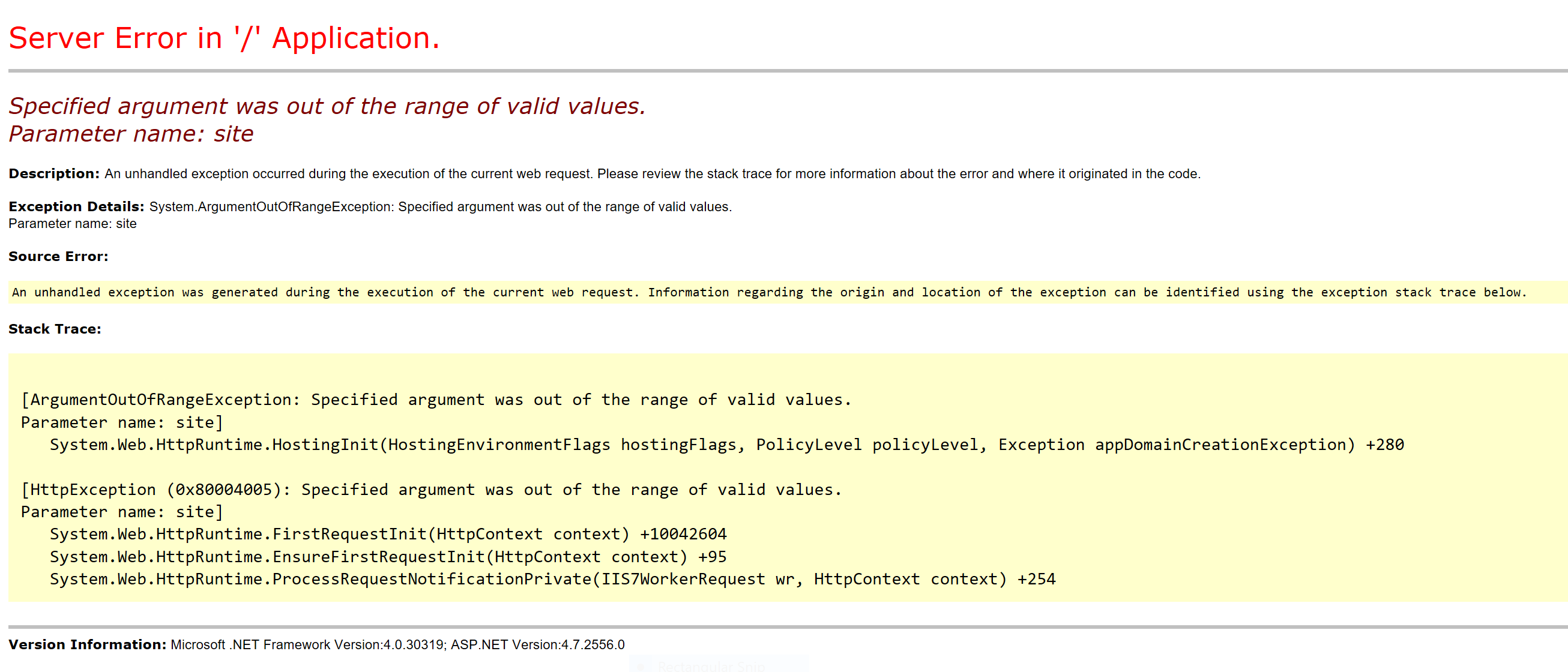 Specified argument was out of the range of valid values 0x800004005