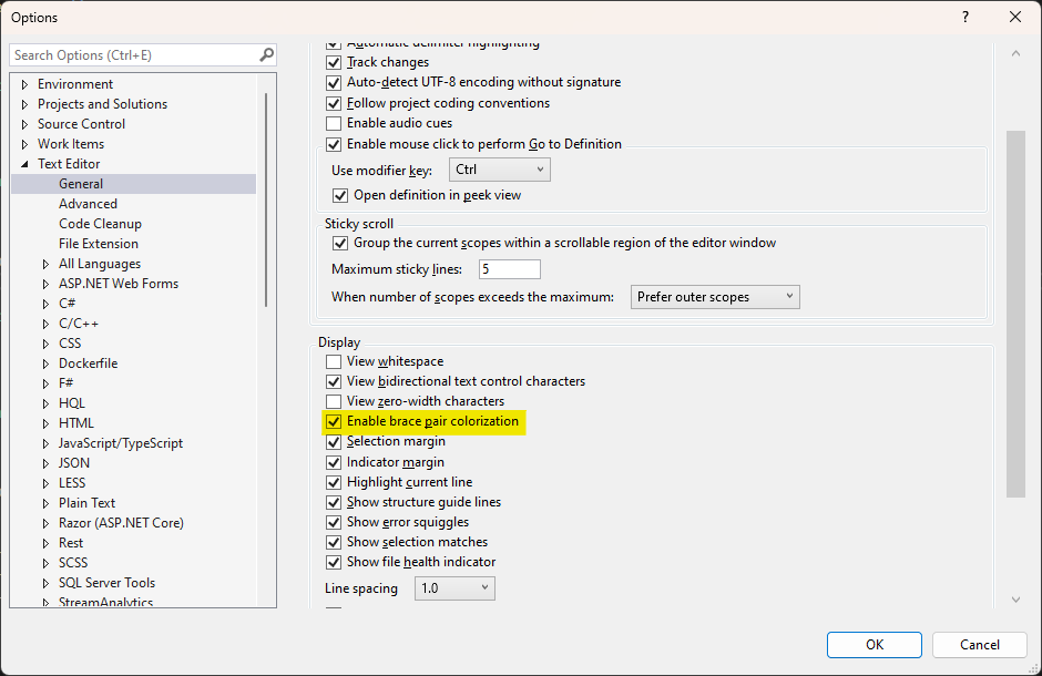 Enable brace pair colorization