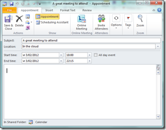 The ICS file opened ready for adding it to the agenda in Outlook