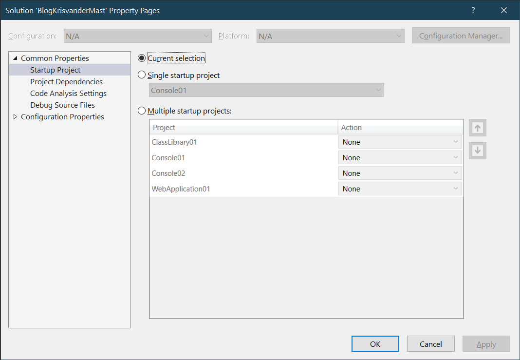 Current selection for Startup Project in Visual Studio 2022