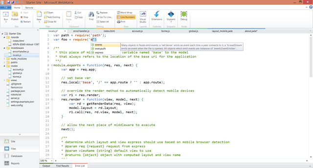 webmatrix2_nodejs_intellisense